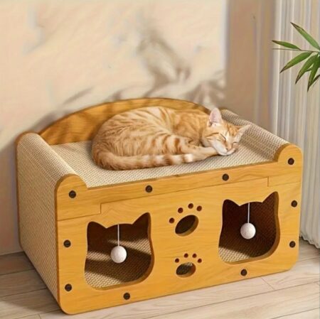 2-en-1 Poste à gratter pour chat et lit - Carton robuste avec jouets suspendus, conception confortable toutes saisons, maison de jeu interactive pour chats d'intérieur, finition orange et bois naturel, meubles pour animaux de compagnie peu encombrants pour les petits espaces, lit pour chat, conception ludique, construction durable