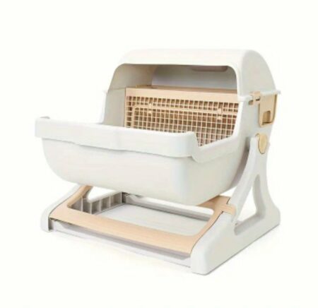 Bac a litière Semi-Automatique  pour Chat, Grand Bac à Litière Semi-Fermé Anti-Éclaboussures pour Chaton avec Conception Inclinée pour un Nettoyage Facile, Spacieux, Fonctionnement Manuel, Aucune Pile Requise